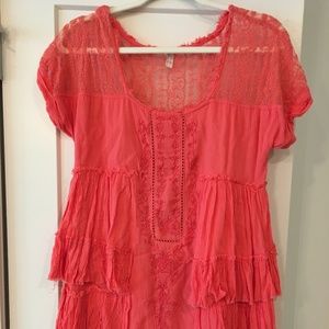 Free People Coral Lace and Linen Embroidered Dress